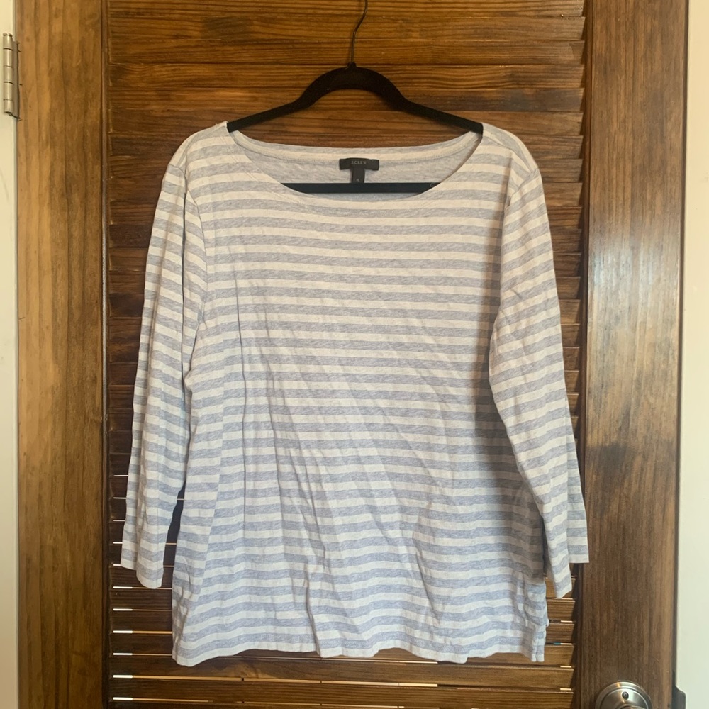 J Crew Gray and White Striped Boatneck 3/4 Shirt